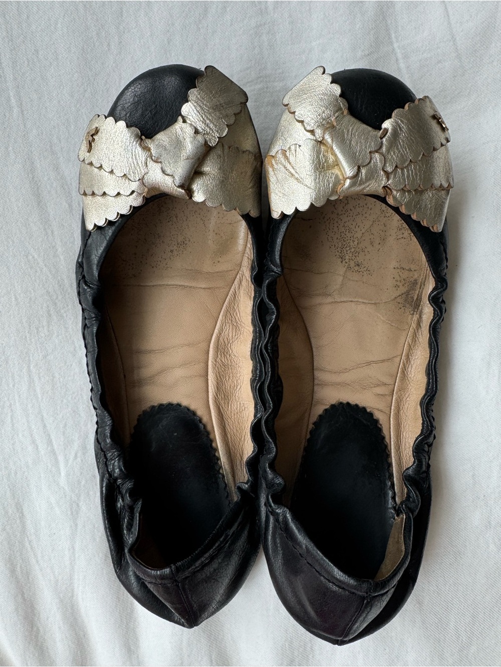 Giorgio Armani Black Leather Ballet Flats with Metallic Gold Bow Size 7.5 US
